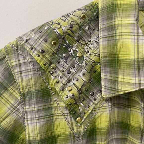 Rock 47 by wrangler cowgirl plaid western rodeo shirt with gems - Picture 3 of 6